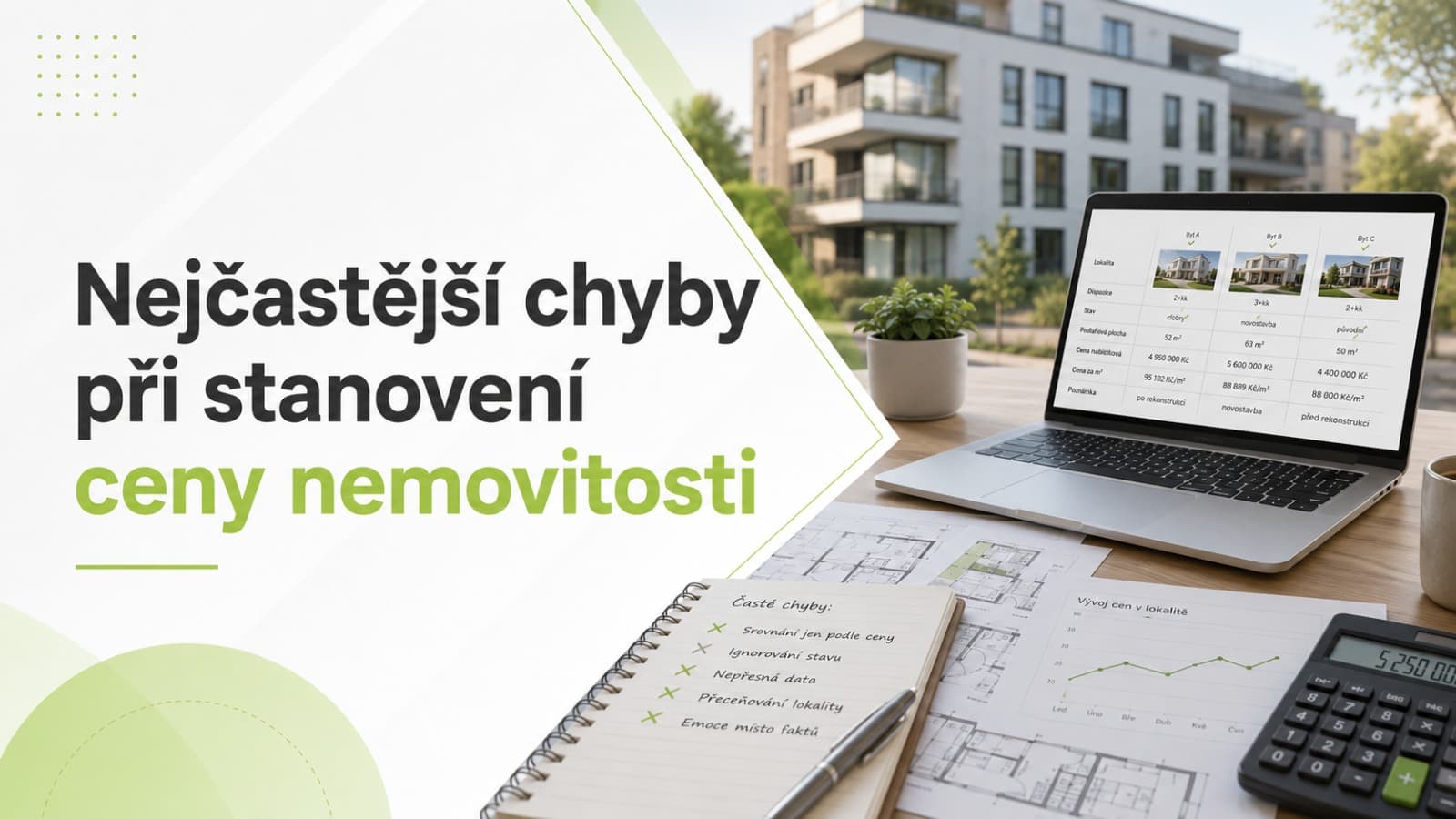 Nejčastější chyby při stanovení ceny nemovitosti — bytový dům, srovnání bytů na notebooku a seznam častých chyb