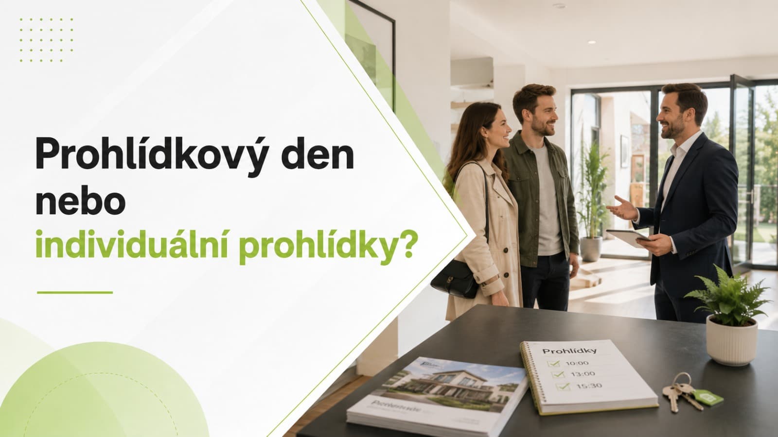 Realitní makléř vítá manželský pár na prohlídce domu, na stole leží rozvrh prohlídek a klíče
